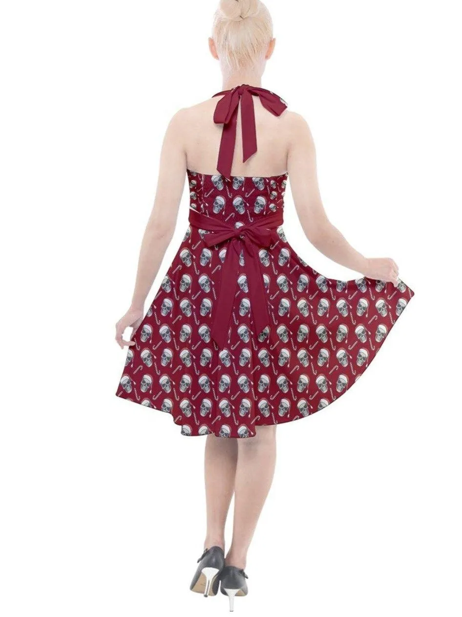 CHRISTMAS SKULLS HALTER PARTY SWING DRESS XS-3XL