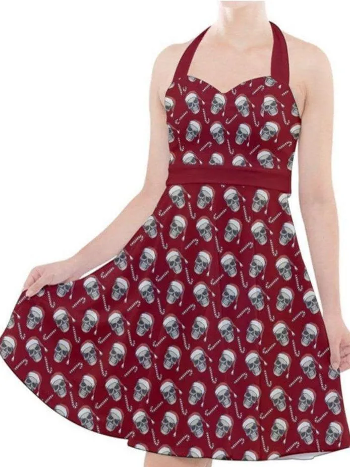 CHRISTMAS SKULLS HALTER PARTY SWING DRESS XS-3XL