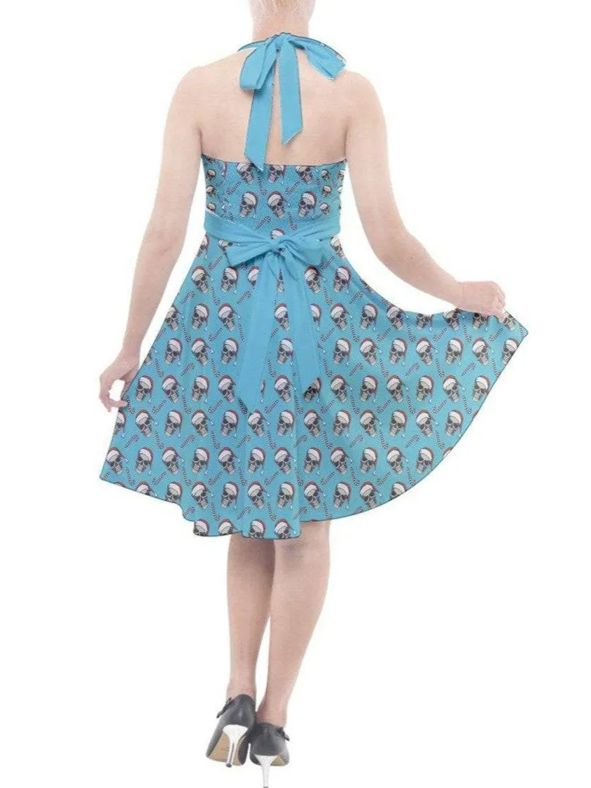 CHRISTMAS SKULLS HALTER PARTY SWING DRESS XS-3XL