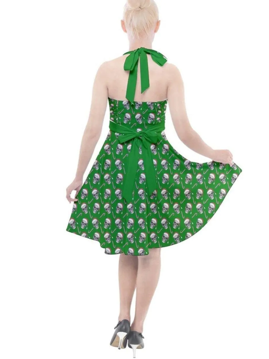 CHRISTMAS SKULLS HALTER PARTY SWING DRESS XS-3XL