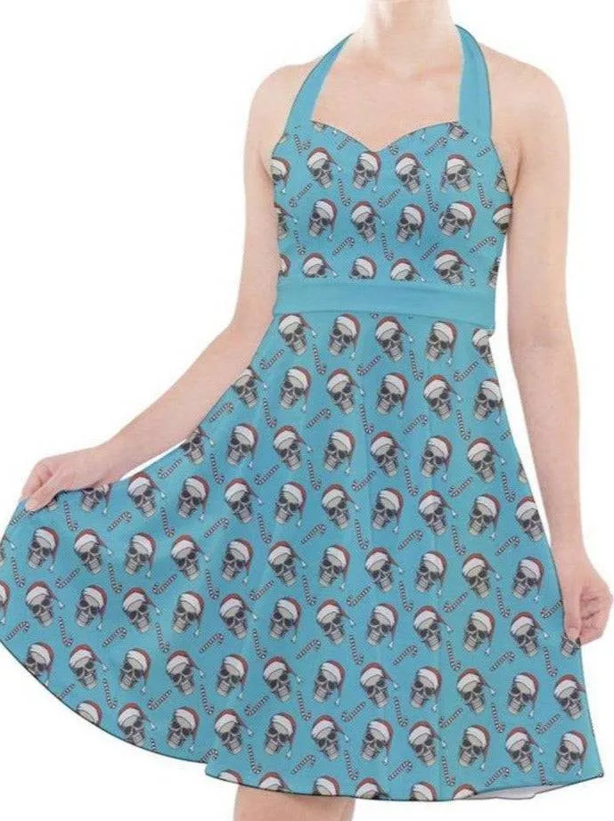 CHRISTMAS SKULLS HALTER PARTY SWING DRESS XS-3XL