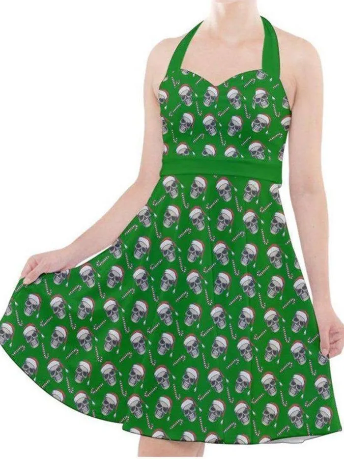 CHRISTMAS SKULLS HALTER PARTY SWING DRESS XS-3XL