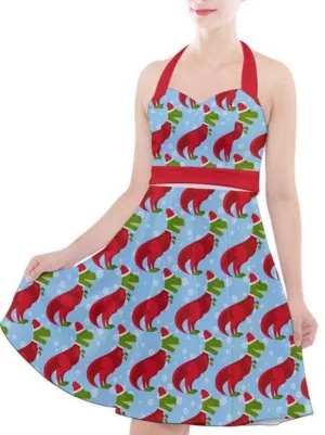 Christmas T-Rex Dinosaur Halter Party Swing Dress