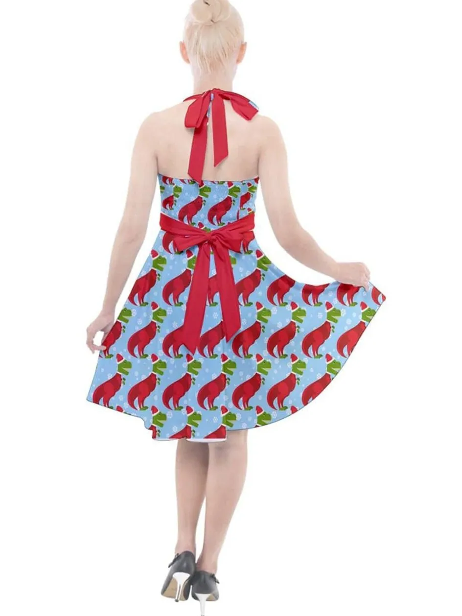 Christmas T-Rex Dinosaur Halter Party Swing Dress