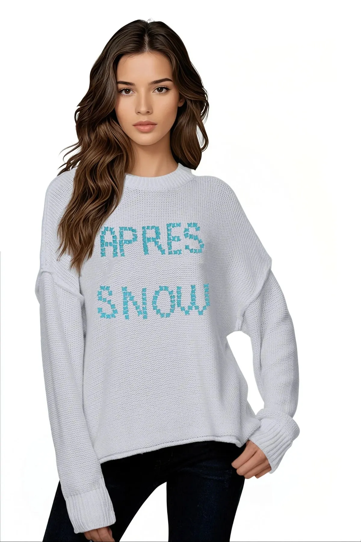 Chunky Cotton Blend Pullover Sweater- Cross Stitch "APRÈS SNOW" hand embroidery