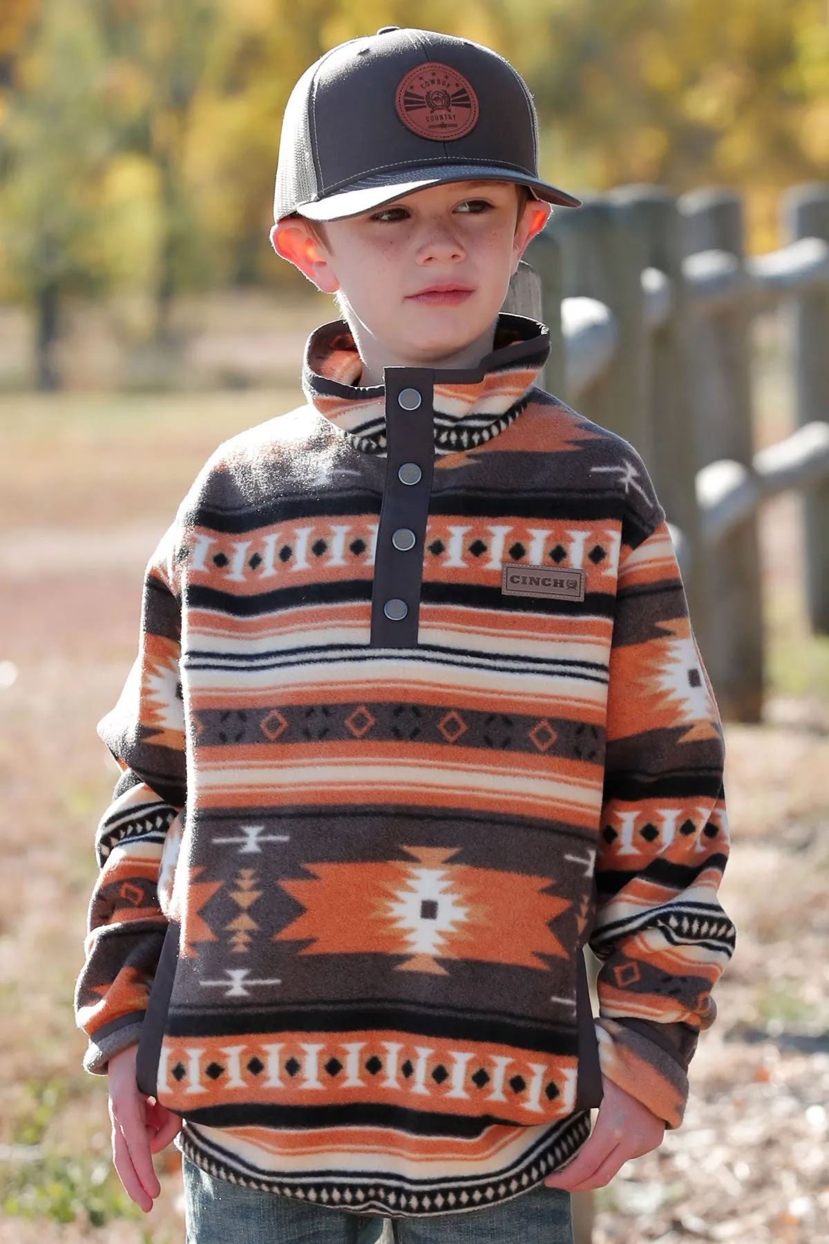 Cinch Boy's Quarter Button Fleece Orange/Bown Aztec Pullover