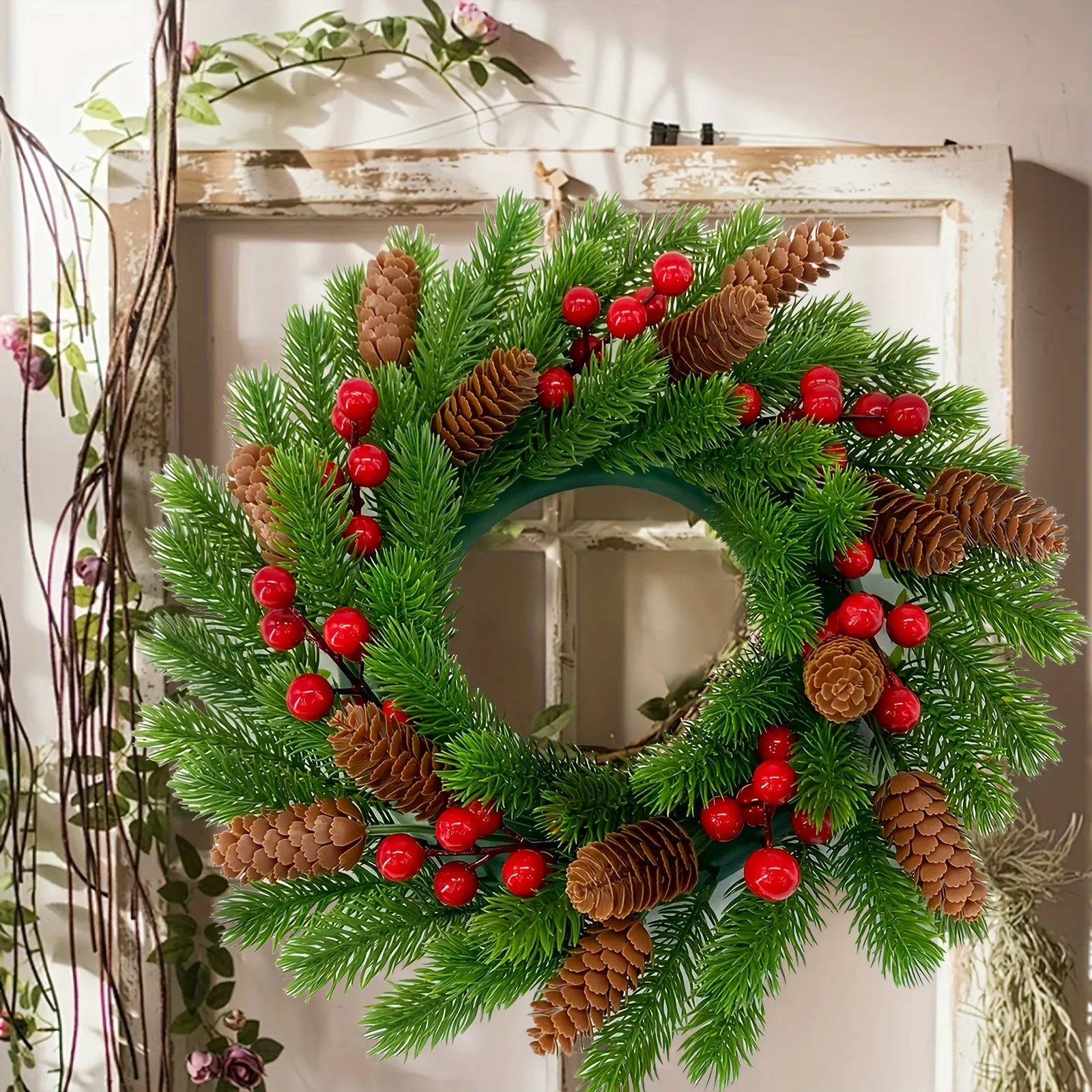 Classic Christmas Wreath with Red Berries - Artificial Pine Front Door Decor for Holiday Season, Easy Wall Hanging, Christmas Decor