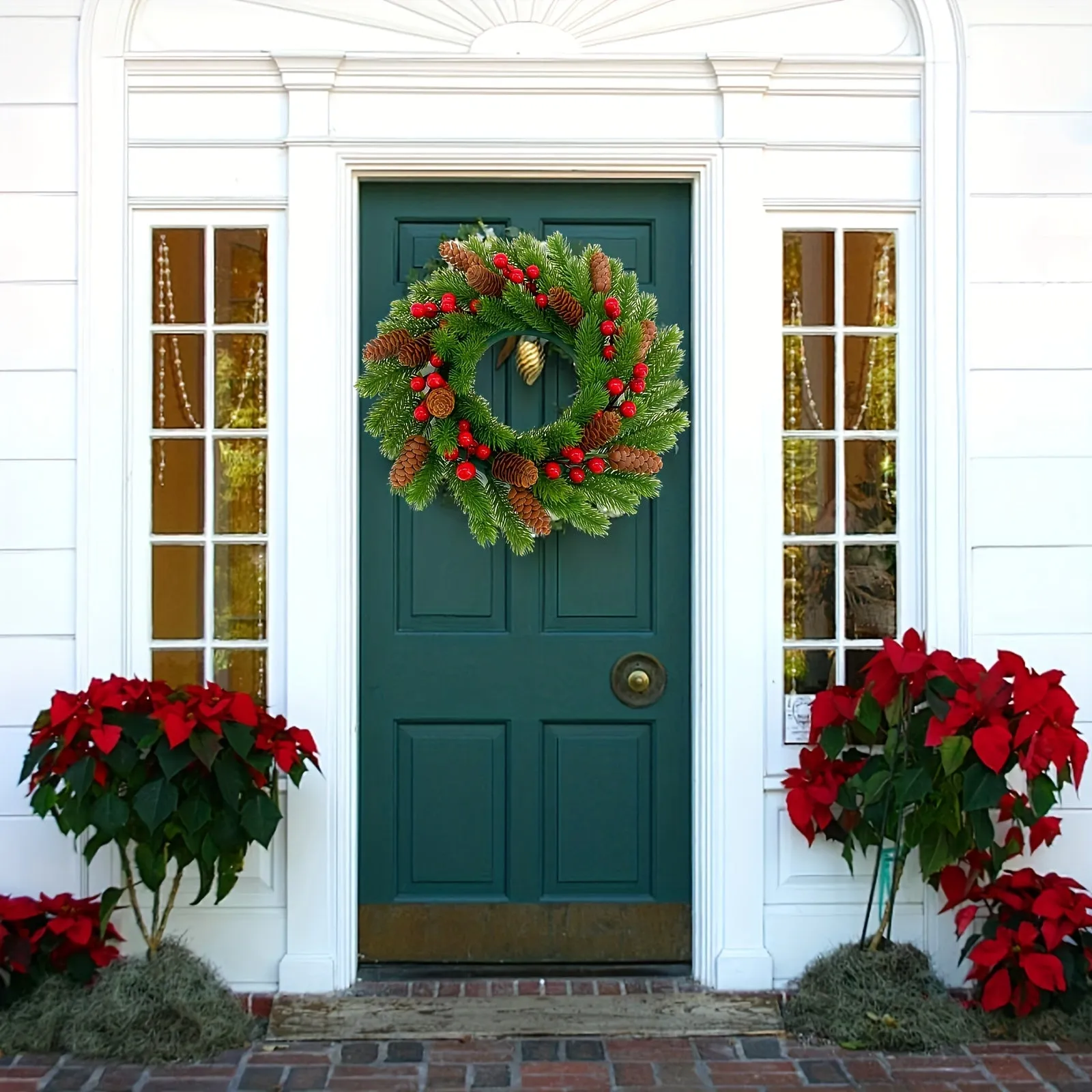 Classic Christmas Wreath with Red Berries - Artificial Pine Front Door Decor for Holiday Season, Easy Wall Hanging, Christmas Decor