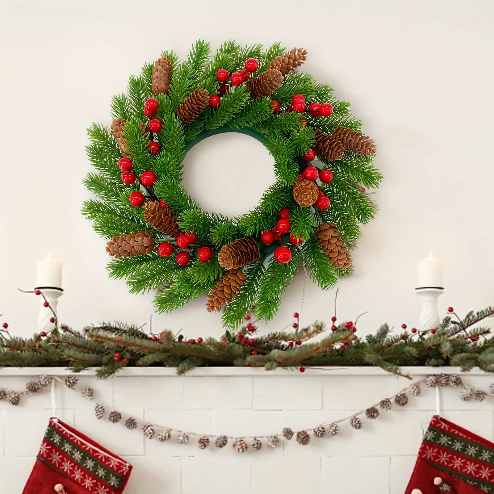 Classic Christmas Wreath with Red Berries - Artificial Pine Front Door Decor for Holiday Season, Easy Wall Hanging, Christmas Decor