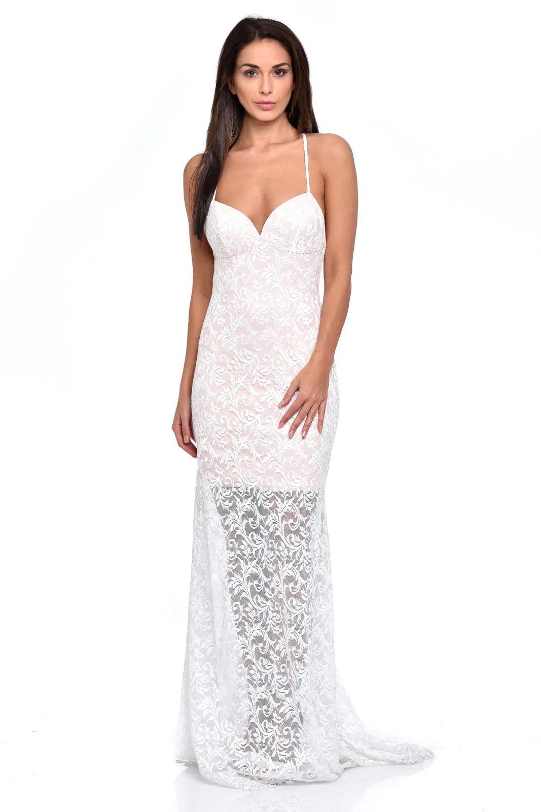 Claudia White Sheer Lace Applique Fishtail Maxi Dress