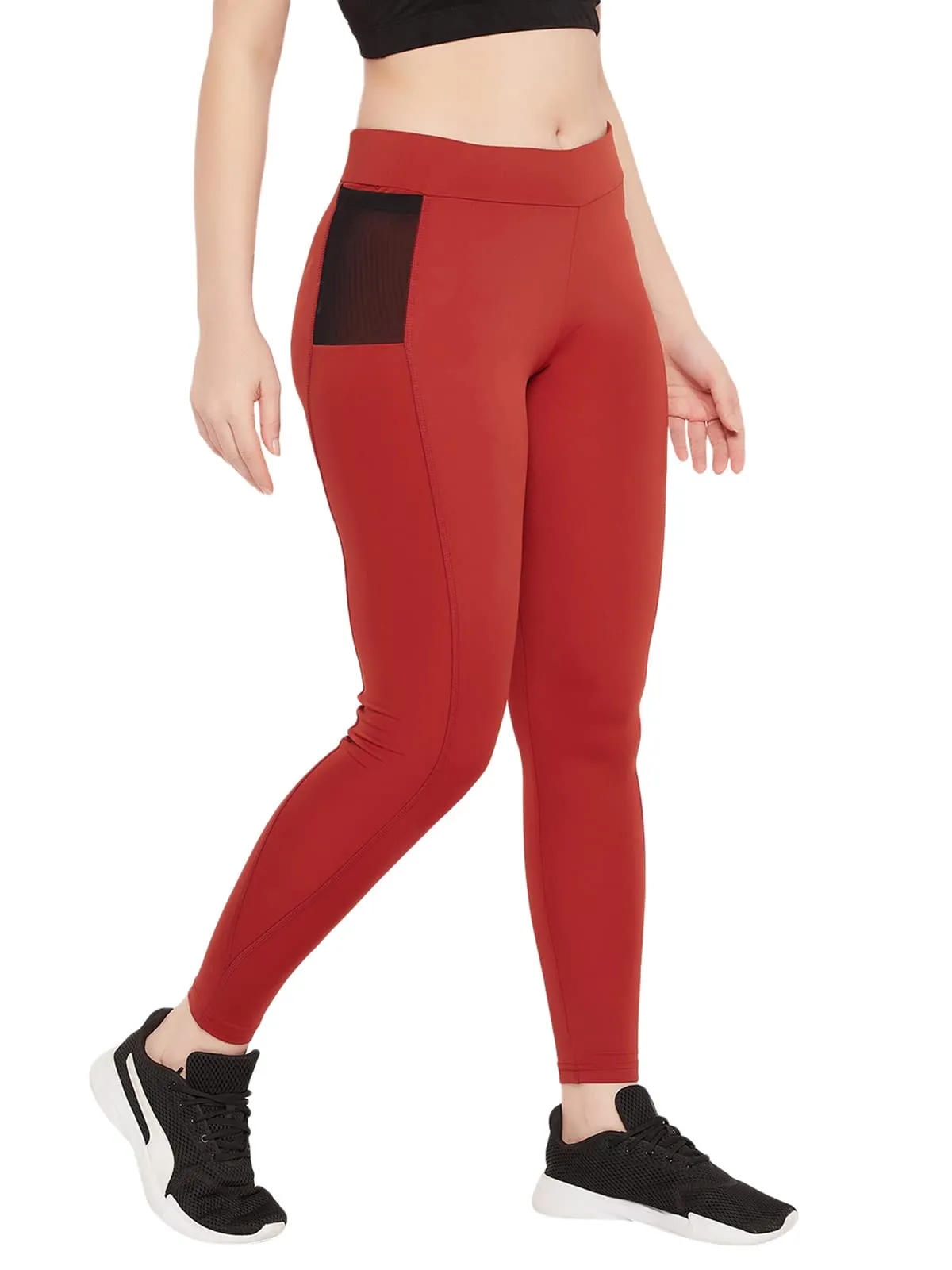 Clovia Women's Snug Fit High-Rise Active Tights (AB0098P16_Orange_M)