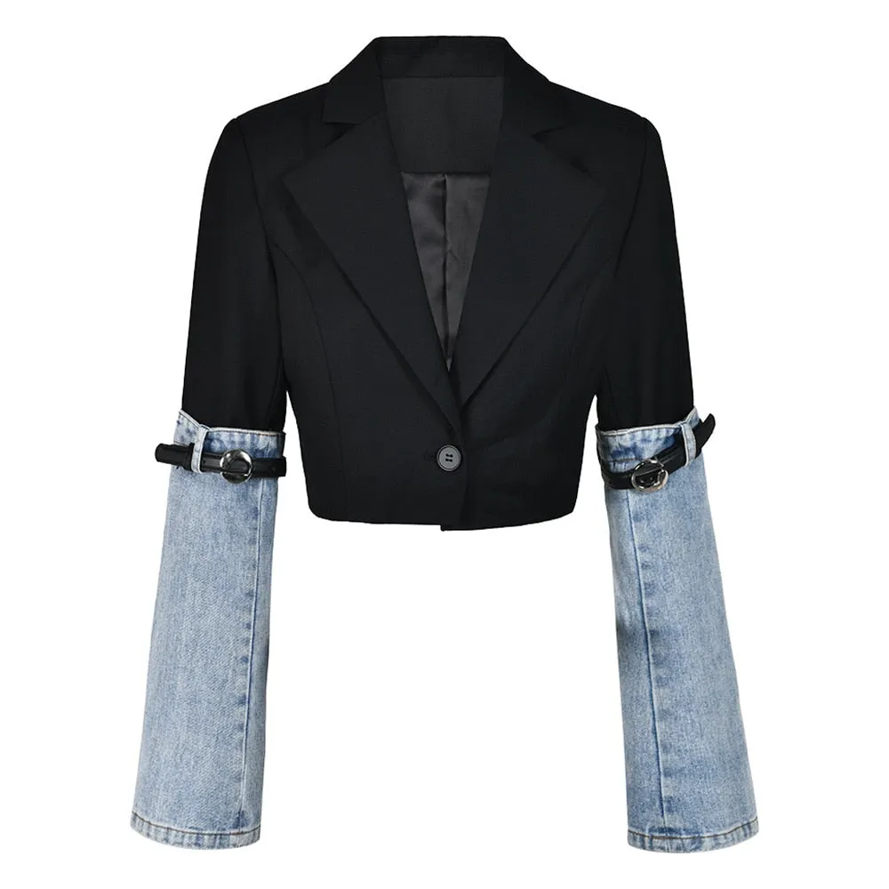 Colorblock Patchwork Denim Casual Coats For Women Lapel Long Sleeve Spliced Button Coat Female Fashion Clothing