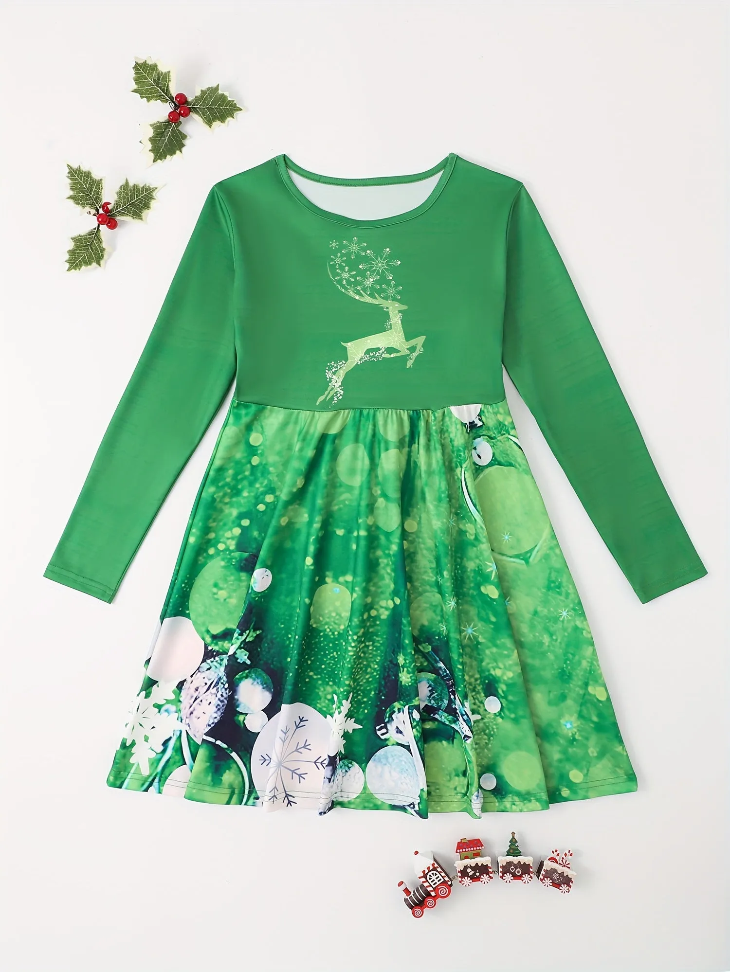 Comfy Elk Graphic Long Sleeve Party Dress for Girls - Soft, Cozy, and Vibrant Xmas Design - Perfect for Kids' Holiday Outfits and Special Occasions