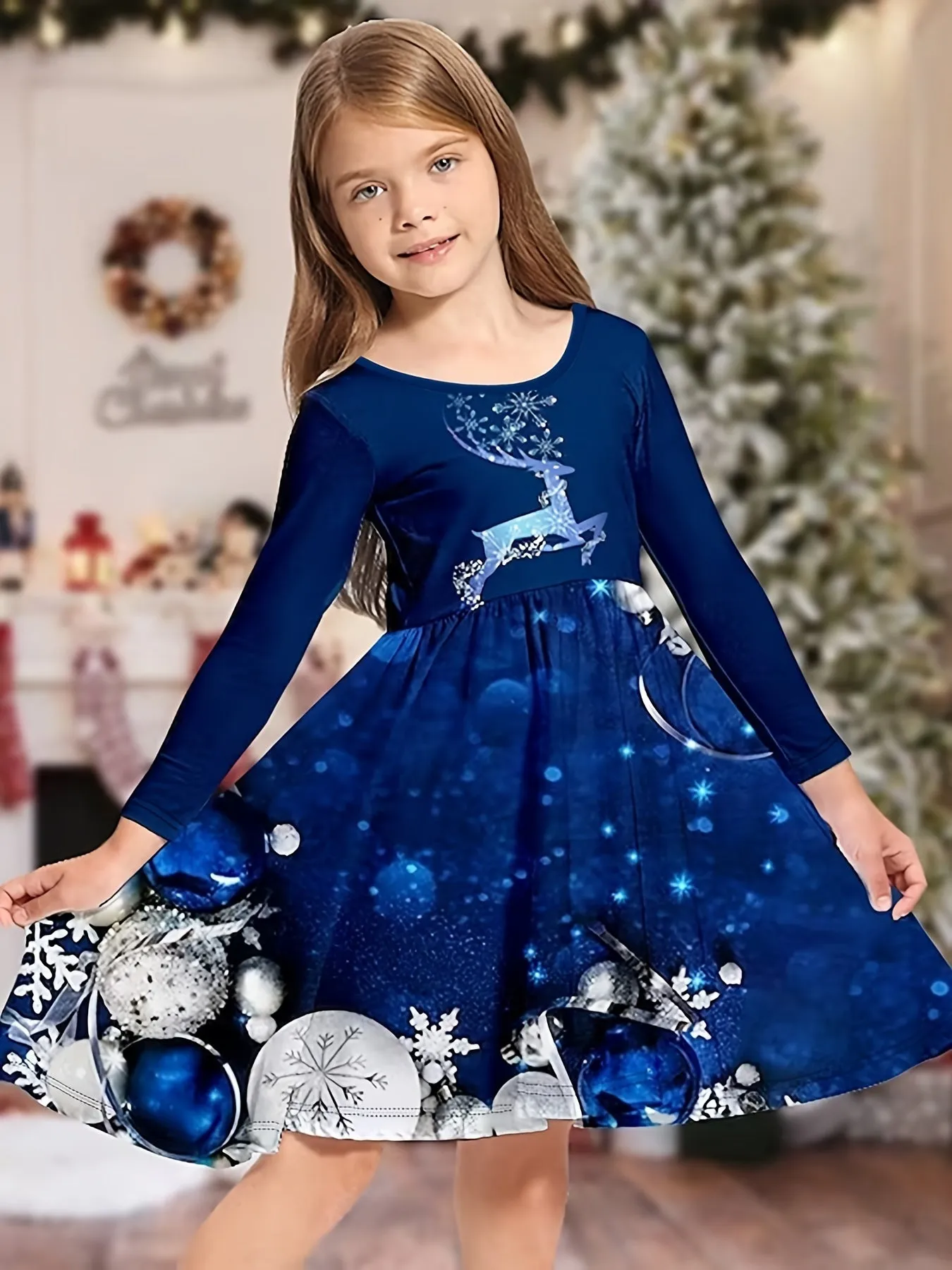 Comfy Elk Graphic Long Sleeve Party Dress for Girls - Soft, Cozy, and Vibrant Xmas Design - Perfect for Kids' Holiday Outfits and Special Occasions