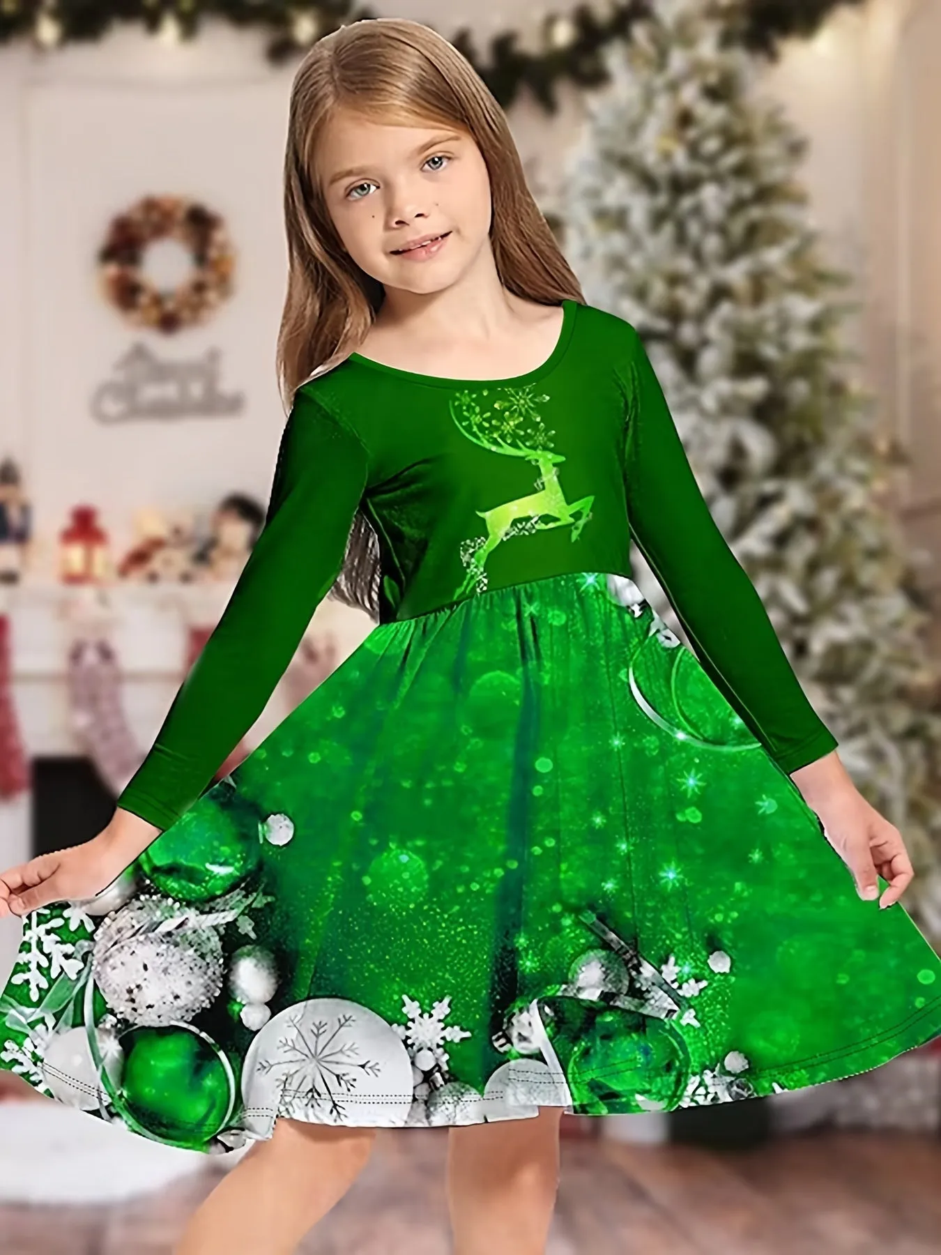 Comfy Elk Graphic Long Sleeve Party Dress for Girls - Soft, Cozy, and Vibrant Xmas Design - Perfect for Kids' Holiday Outfits and Special Occasions