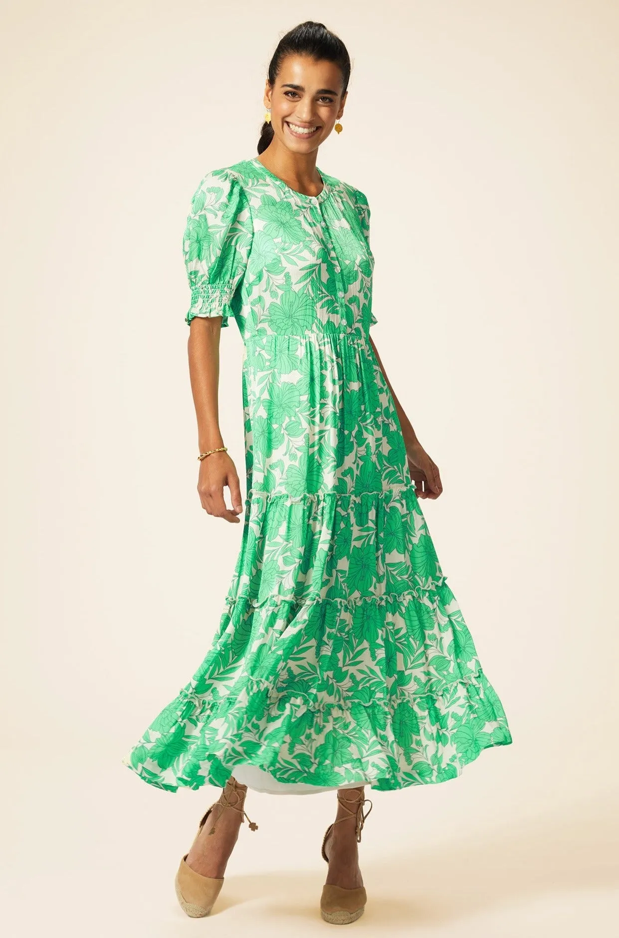 Cordelia Dress | Lined Floral Cream/Green