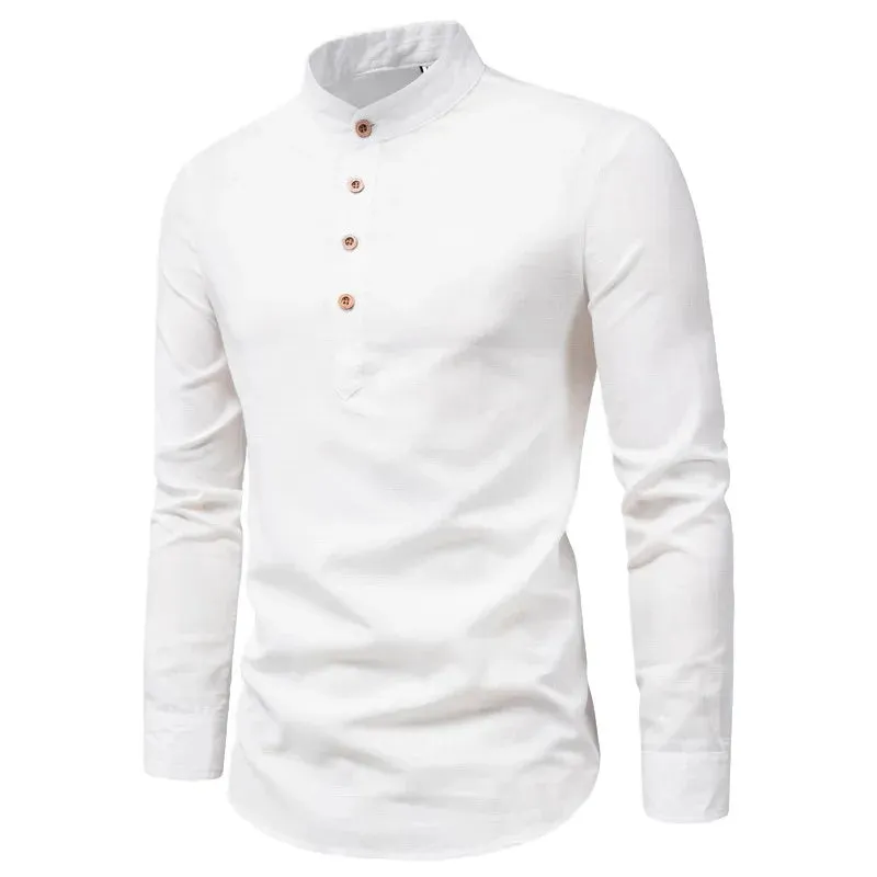 Cotton Linen Hot Sale Men's Long-Sleeved Shirts Summer Solid Color Stand-Up Collar Casual Beach Style Oversized