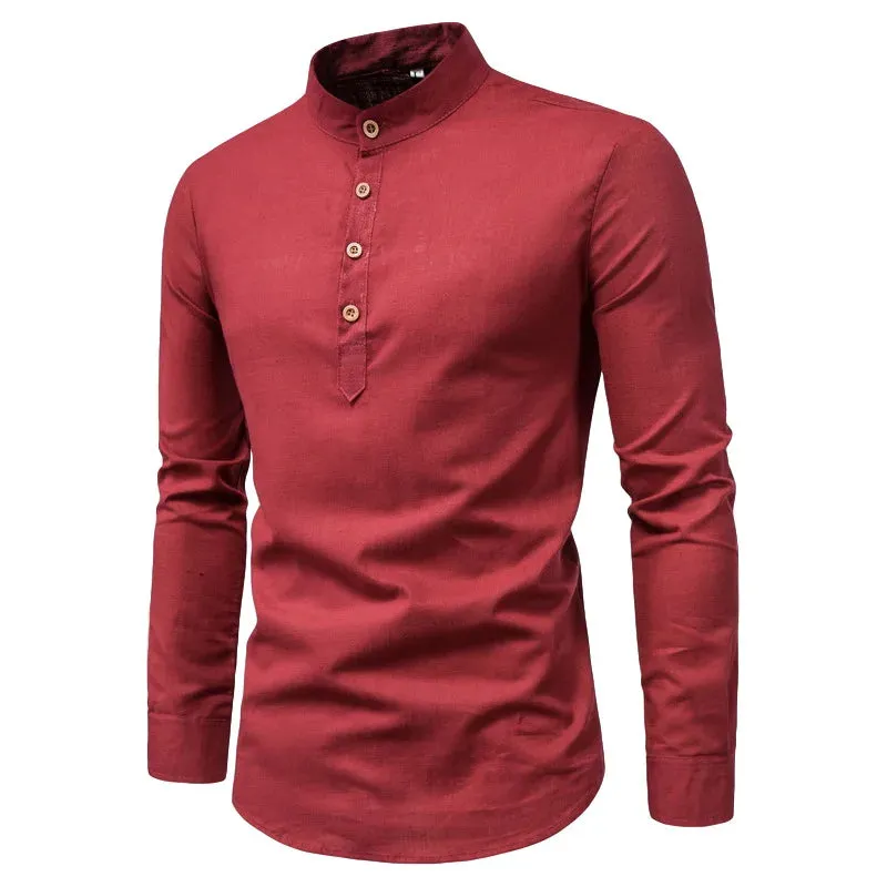 Cotton Linen Hot Sale Men's Long-Sleeved Shirts Summer Solid Color Stand-Up Collar Casual Beach Style Oversized