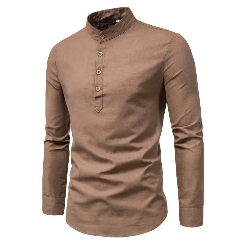 Cotton Linen Hot Sale Men's Long-Sleeved Shirts Summer Solid Color Stand-Up Collar Casual Beach Style Oversized