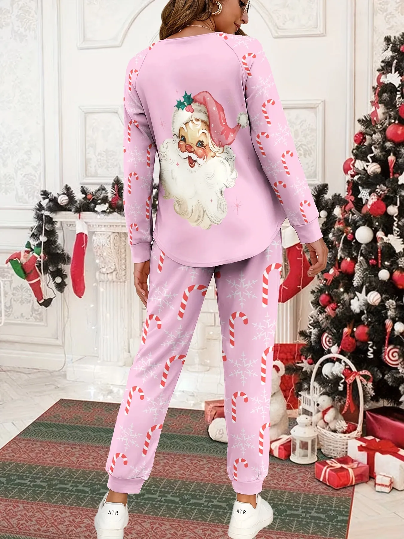 Cozy Santa Claus Print Pantsuits - Raglan Sleeve Button Front Top, Drawstring Elastic Waist, Dual Pockets, Casual Outfit for Women's Clothing