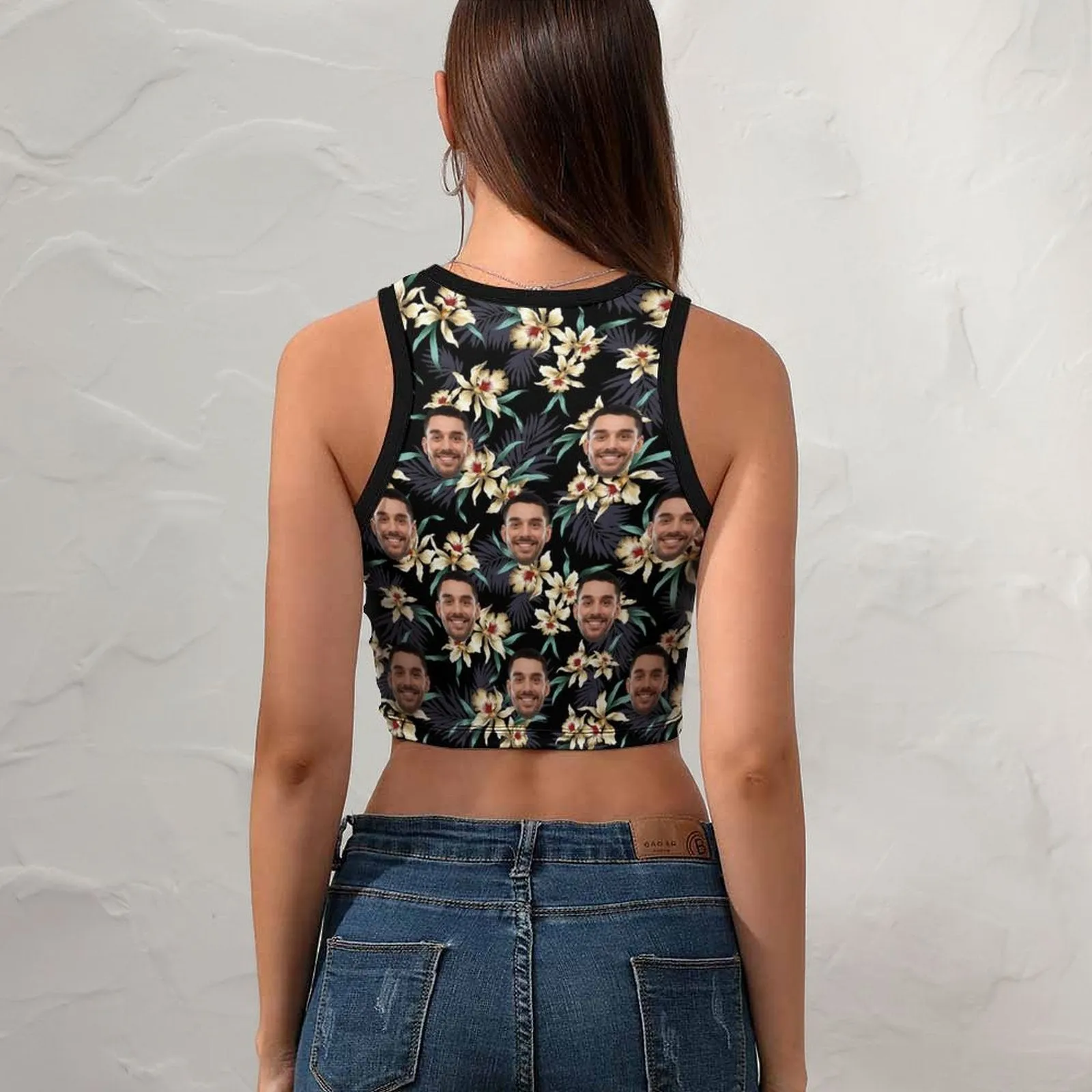 Custom Face Flower Print Women's Crop Top Tank Top - Black