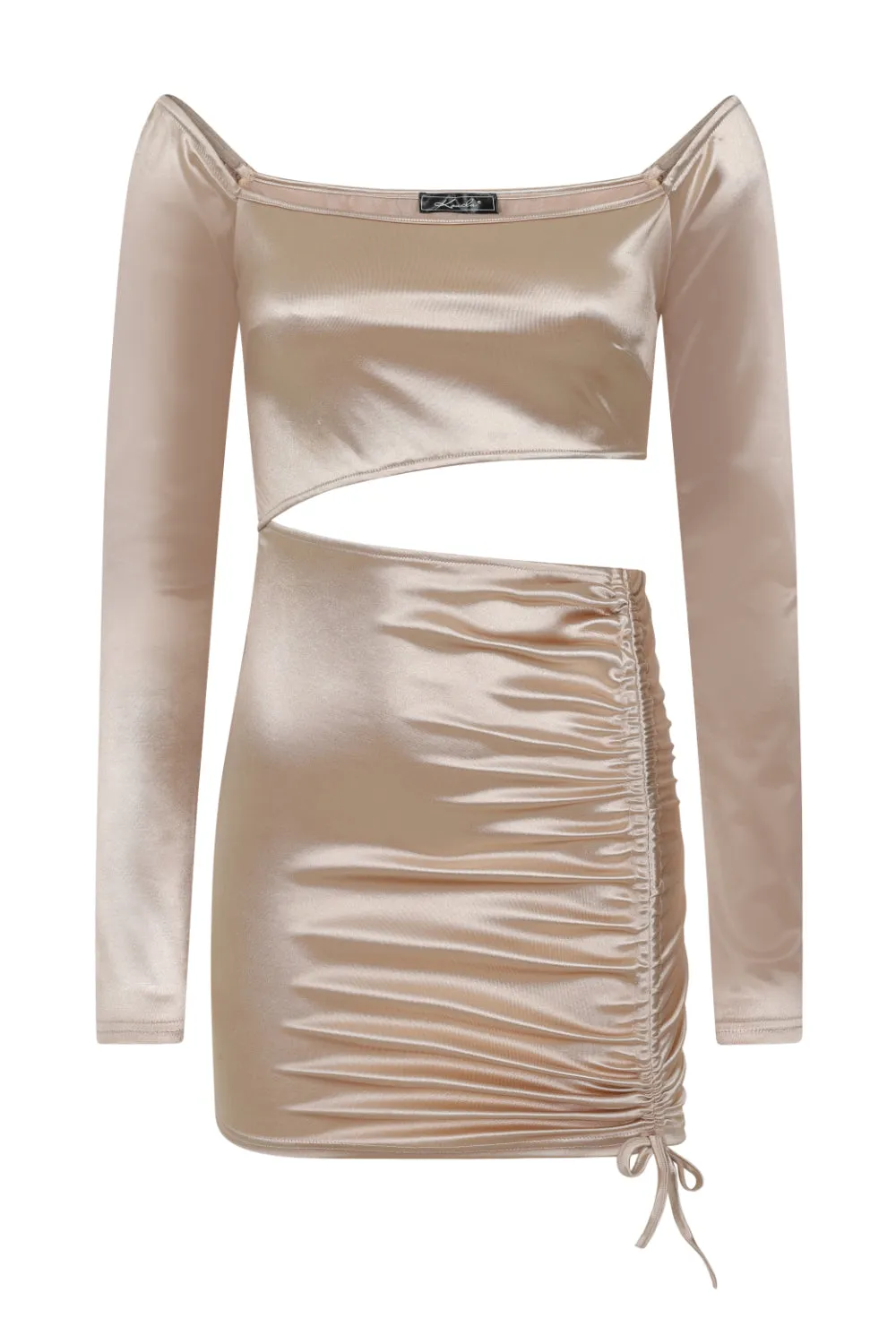 Cut It Out Champagne Slinky Satin Cut Out Ruched Mini Dress