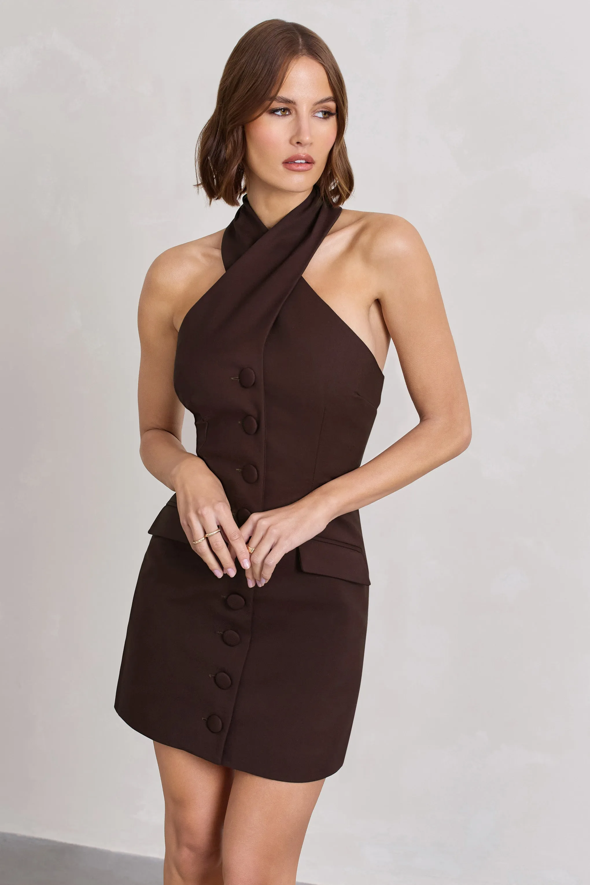 Dani | Chocolate Halter Neck Tailored Buttoned Bodycon Mini Dress