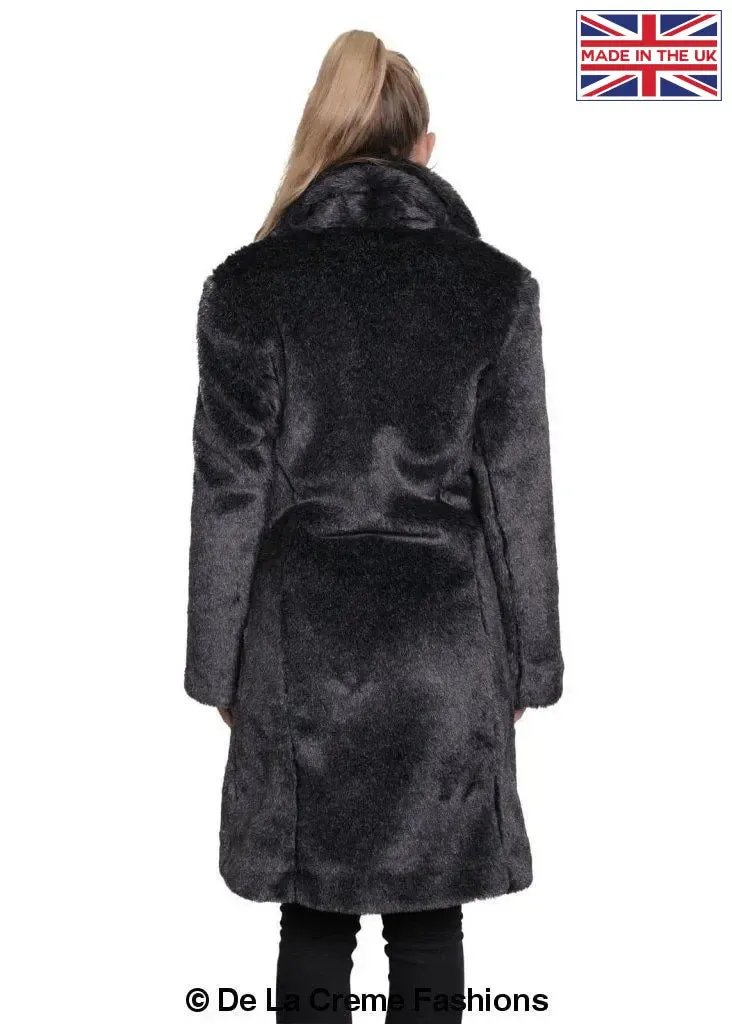 De La Creme - Womens Faux Fur Large Lapel Mid Length Coat