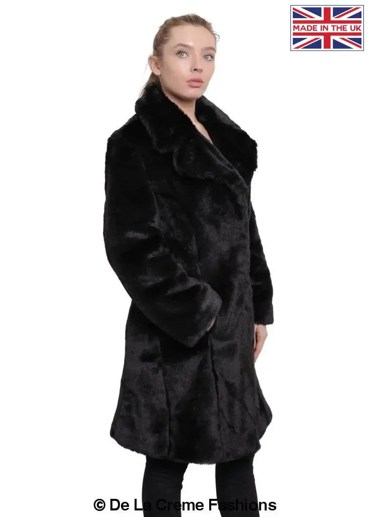 De La Creme - Womens Faux Fur Large Lapel Mid Length Coat