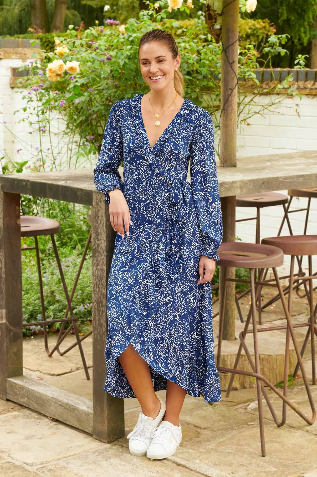 Demi Long Sleeve Wrap Dress | Swirl Navy/White