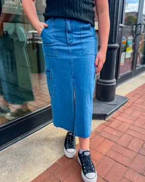 Denim Cargo Midi Skirt