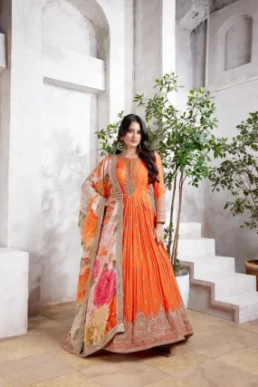 Diva Orange Embellished Premium Silk Anarkali Set