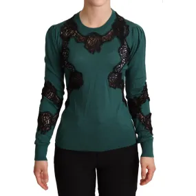 Dolce & Gabbana Elegant Green Pullover with Black Lace Detail