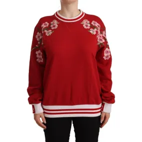 Dolce & Gabbana Elegant Red Crewneck Pullover with Floral Motif