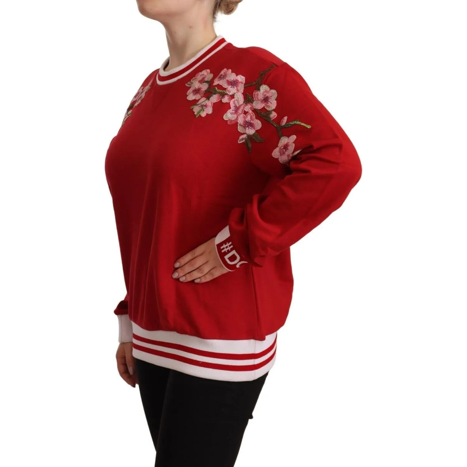 Dolce & Gabbana Elegant Red Crewneck Pullover with Floral Motif