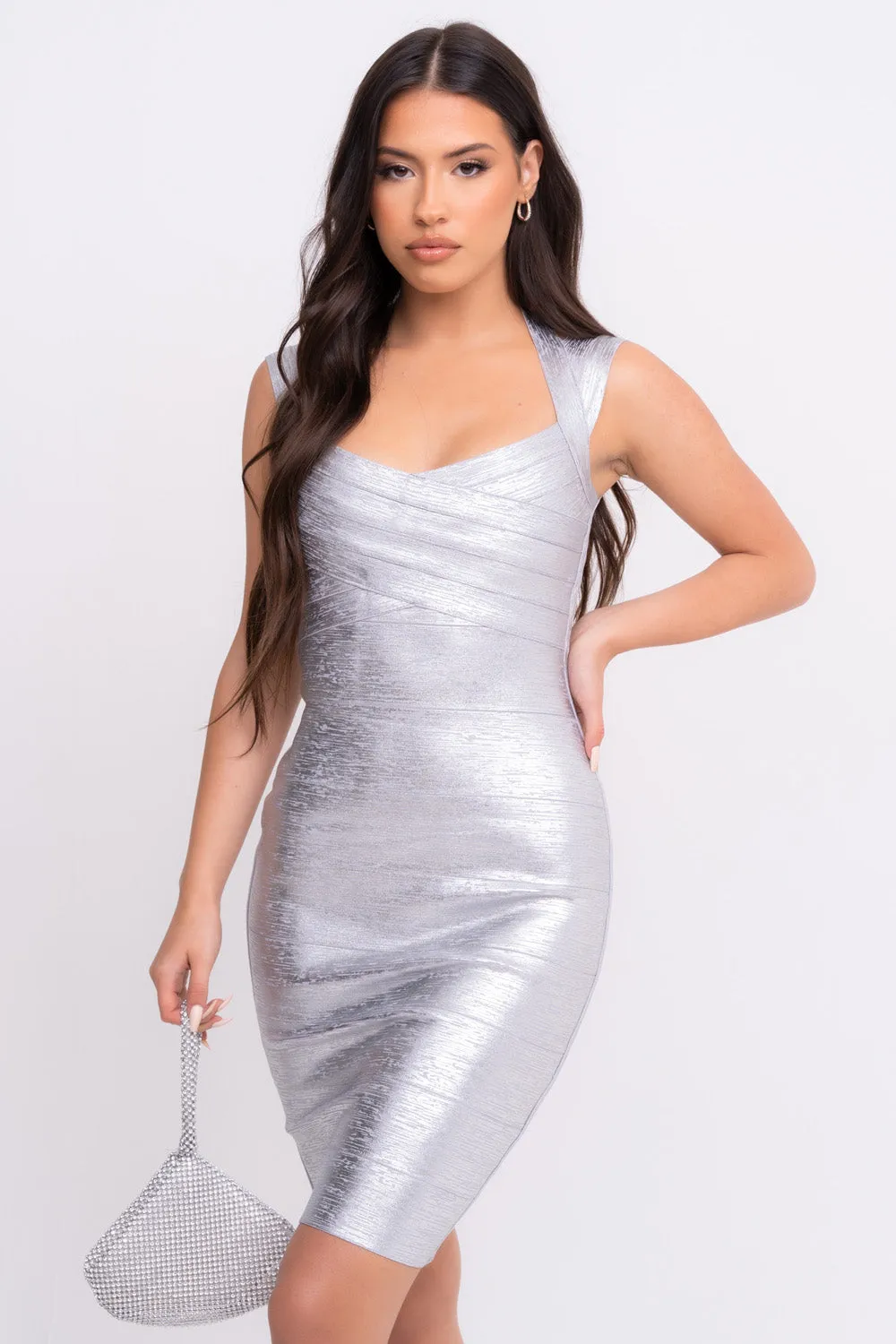 Dominica VIP Luxe Silver Metallic Bandage Panel Bodycon Dress