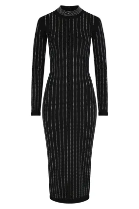 Drama Black Crystal Rhinestone Mock Neck Bodycon Midi Dress