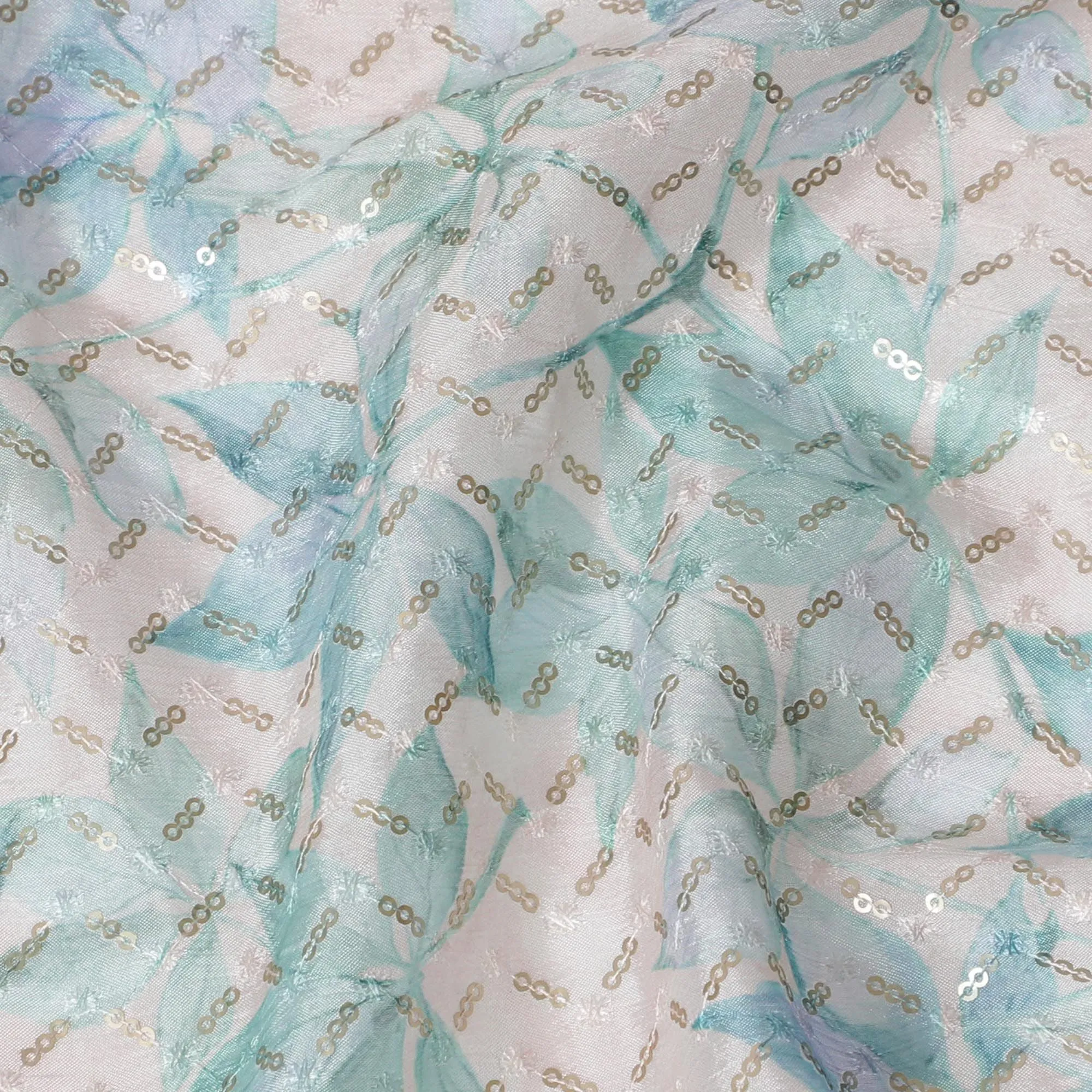 Elegant Aqua Blue Sequin Embroidered Synthetic chinon Fabric - 110cm Wide-D18549