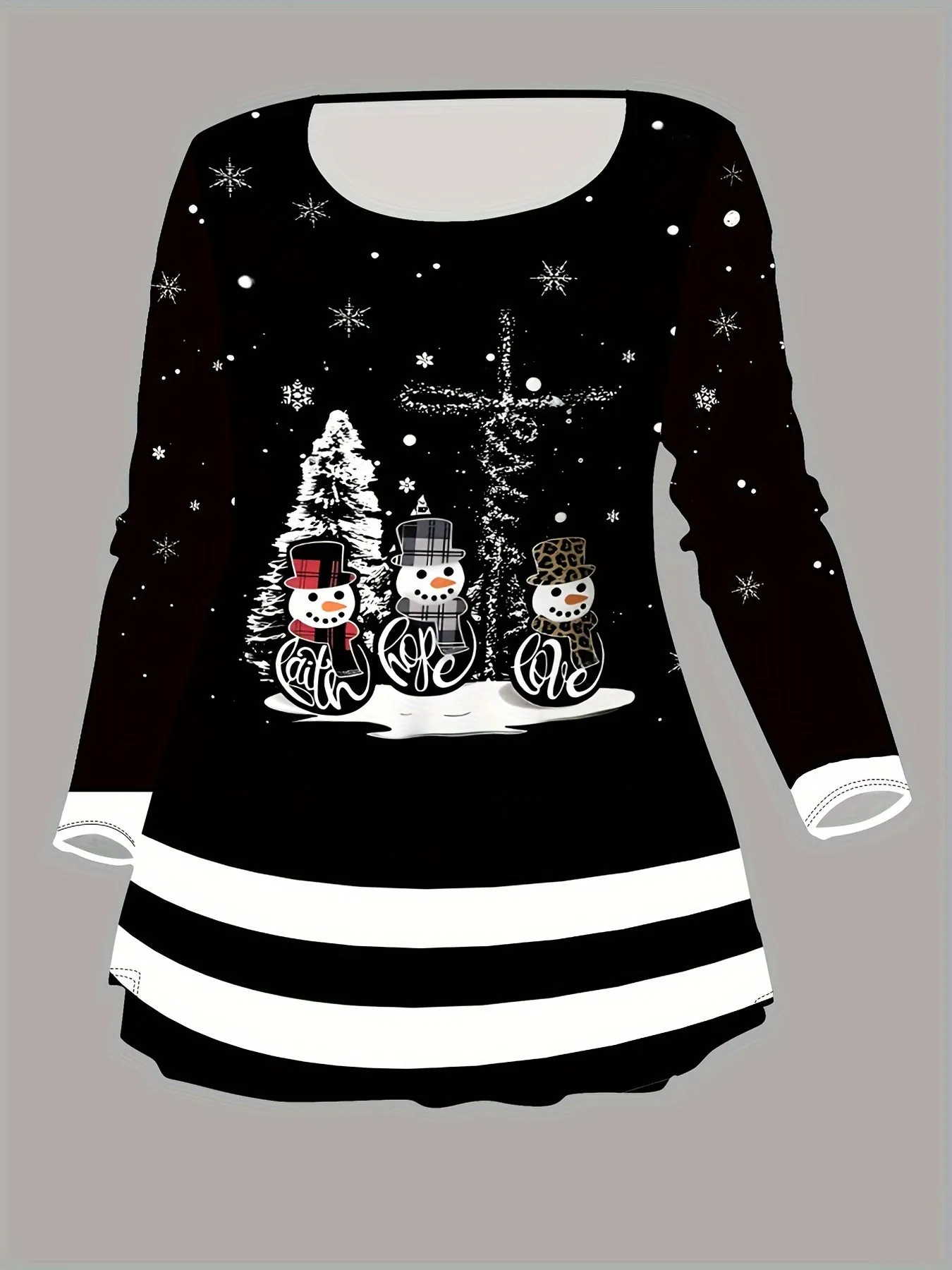 Elegant Plus Size Women's Christmas Snowman Print Outfit - Long Sleeve Round Neck Top & Pants Set, Stretchy Polyester Blend