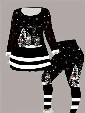 Elegant Plus Size Women's Christmas Snowman Print Outfit - Long Sleeve Round Neck Top & Pants Set, Stretchy Polyester Blend