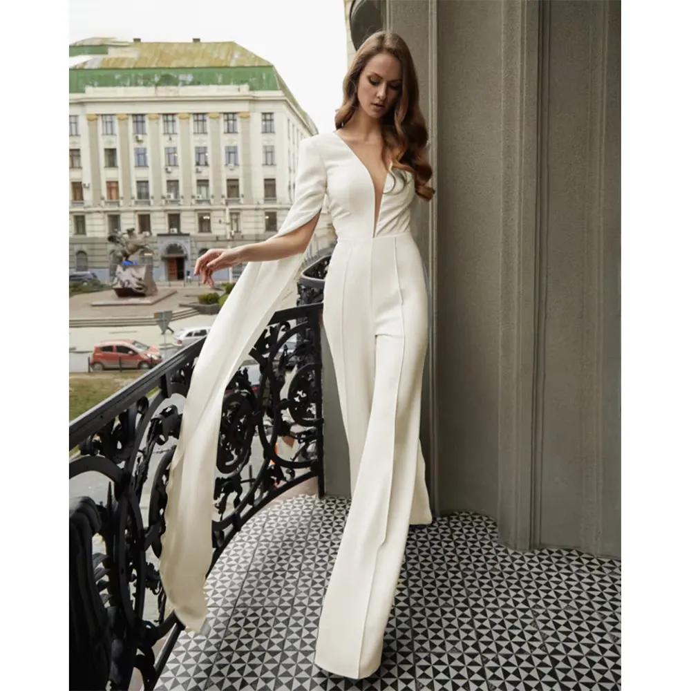 Elegant Wedding Jumpsuit with Long Sleeves and Pants Set Luxury Bridal Gown