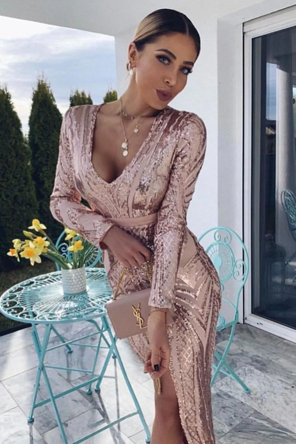 Elite Vip Rose Gold Nude Sequin Illusion Middle Slit Maxi Dress