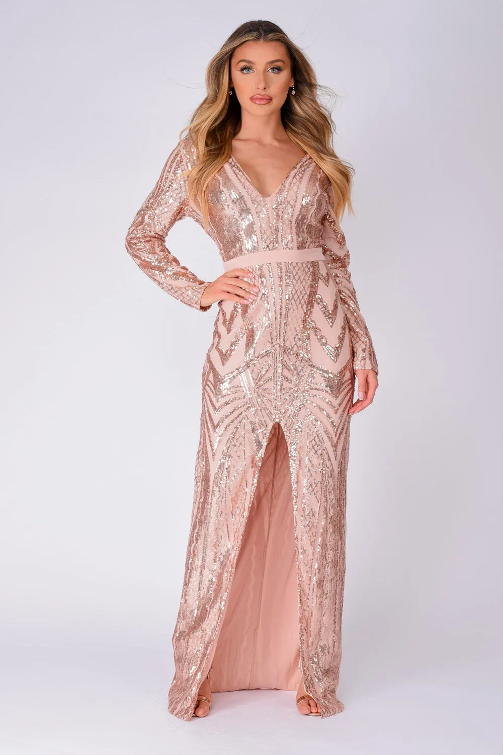 Elite Vip Rose Gold Nude Sequin Illusion Middle Slit Maxi Dress