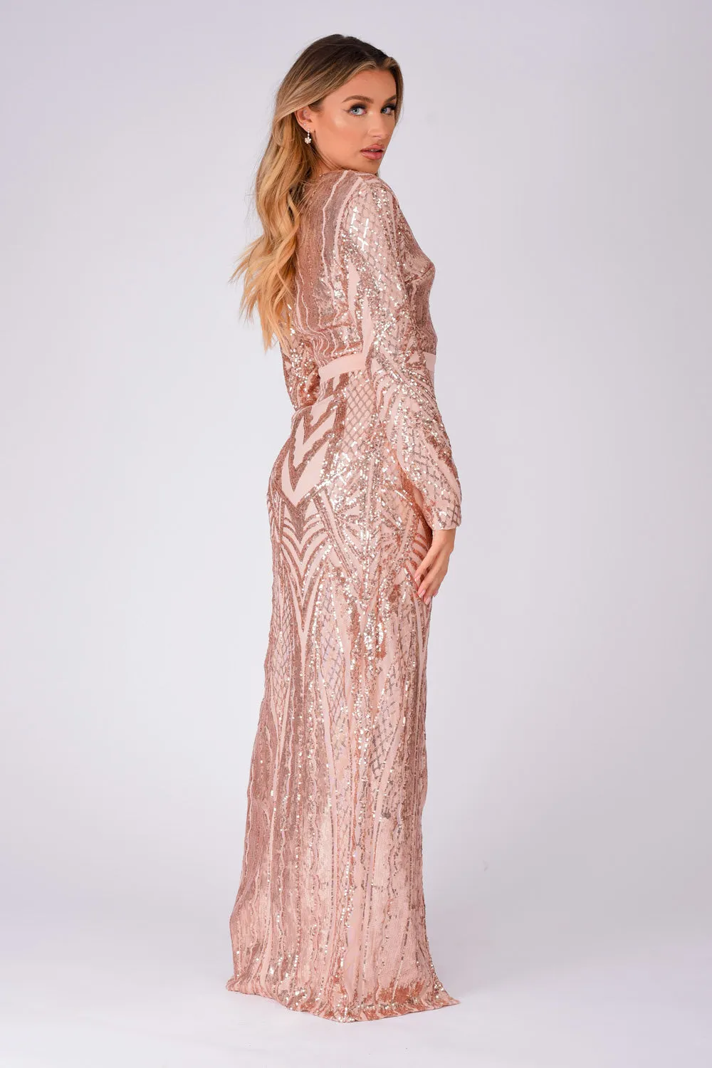 Elite Vip Rose Gold Nude Sequin Illusion Middle Slit Maxi Dress