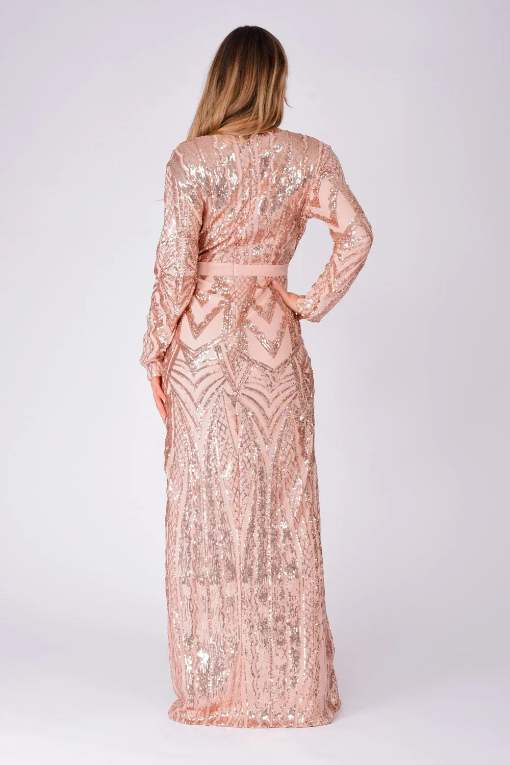 Elite Vip Rose Gold Nude Sequin Illusion Middle Slit Maxi Dress