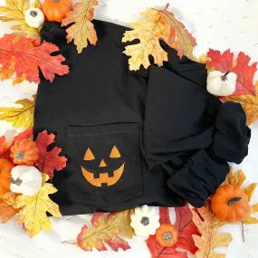 Embroidered Jack-O-Lantern Halloween Comfort Colors Long Sleeve Pocket Tee