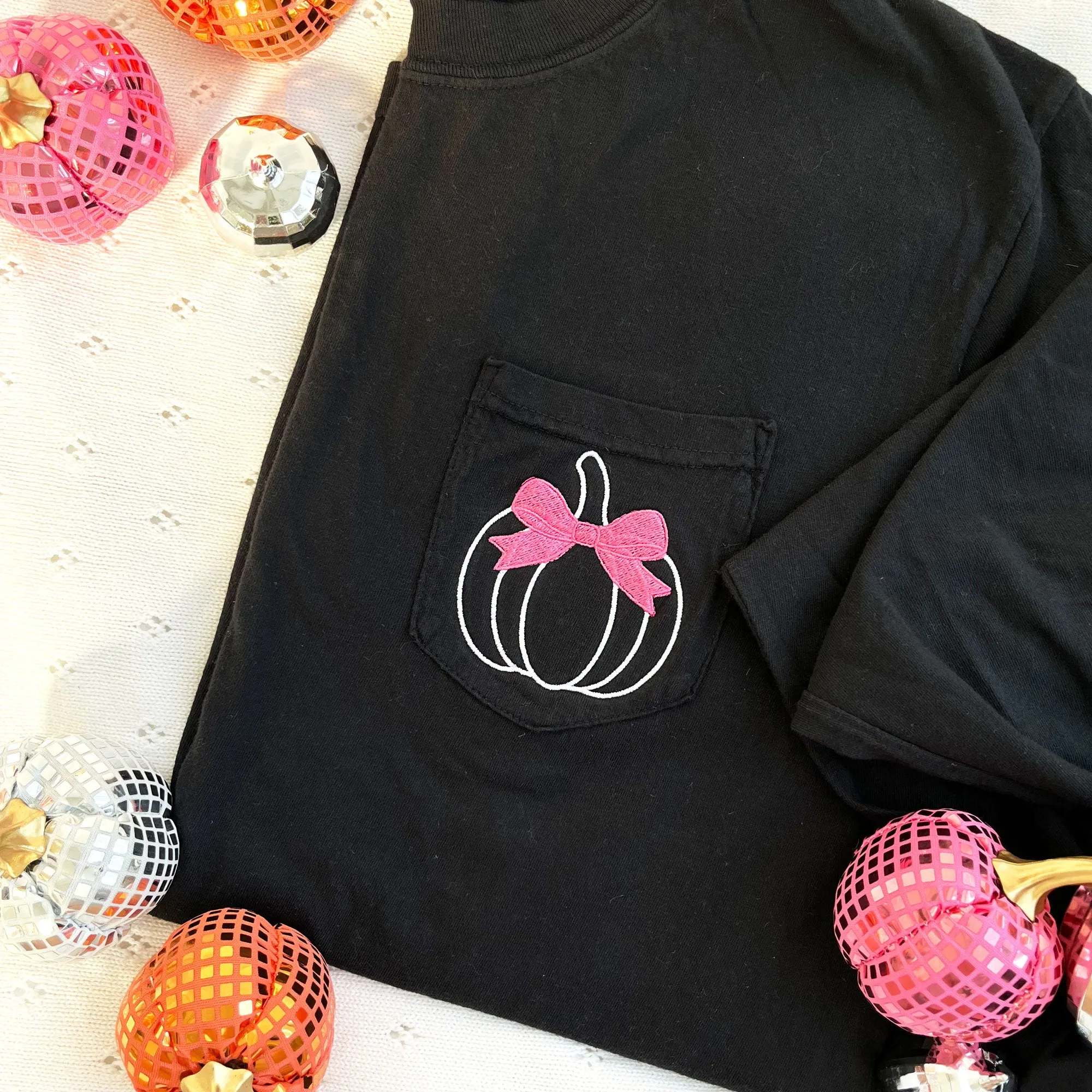 Embroidered Pumpkin With Bow Comfort Colors Long Sleeve Pocket Tee