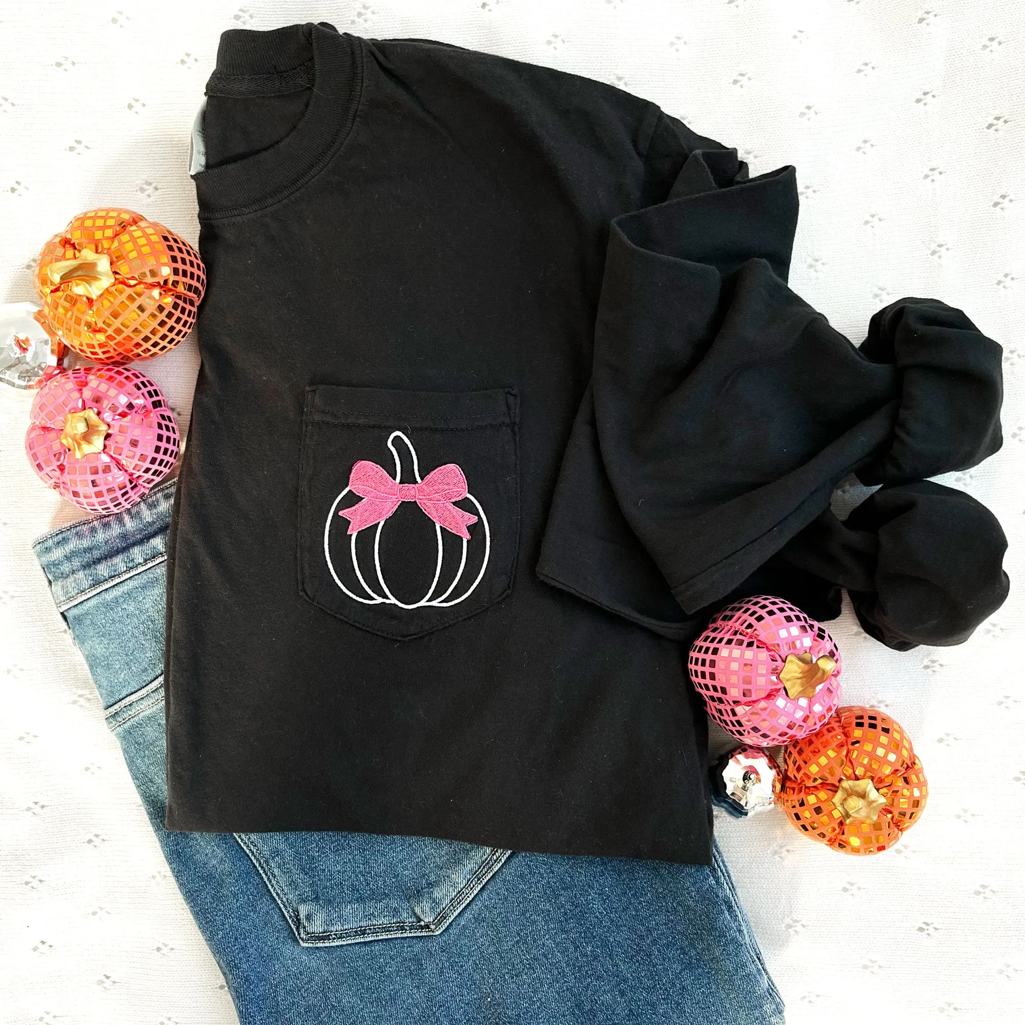 Embroidered Pumpkin With Bow Comfort Colors Long Sleeve Pocket Tee