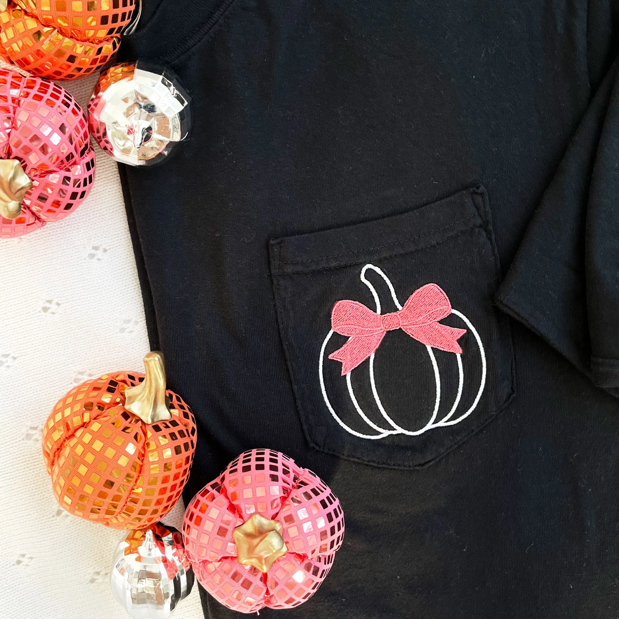 Embroidered Pumpkin With Bow Comfort Colors Long Sleeve Pocket Tee