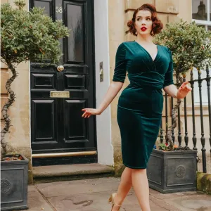 Emerald Green Velour Deep V 3/4 Sleeve Bodycon Ruched Waist Wiggle Dress